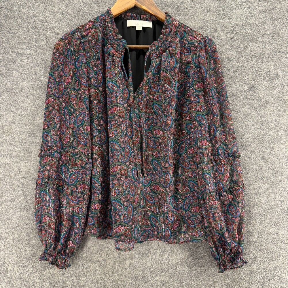 Loft Blouse Women S Small Blue Paisley V-Neck Tasseled Long Sleeve Lined Casual